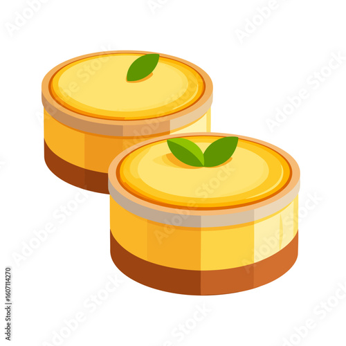 Two individual round layered cheesecakes with a yellow custard topping and a fresh green mint leaf garnish. A clean, isometric vector illustration.