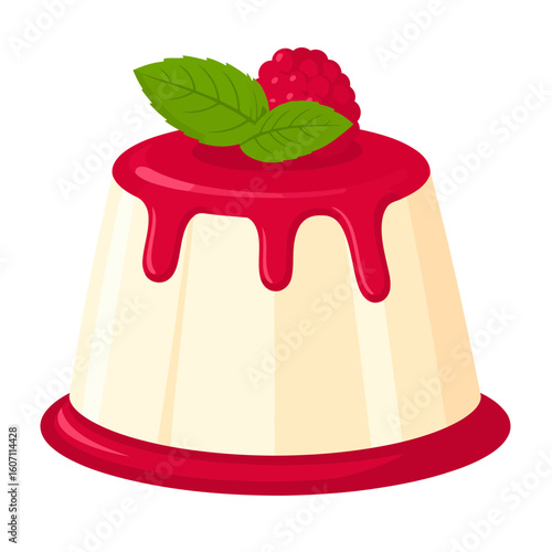 Creamy panna cotta dessert with dripping raspberry sauce, fresh berry, and mint leaf garnish.