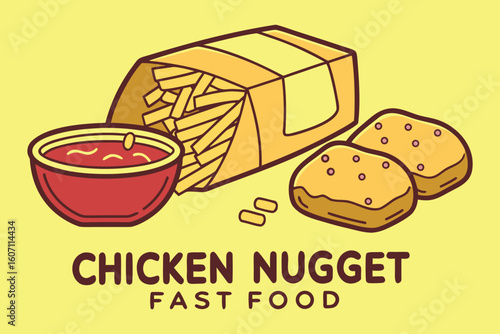 Cartoon Illustration of Chicken Nuggets French Fries and Sauce on Yellow Background