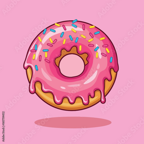 Cartoon illustration of a glazed donut with pink frosting and colorful sprinkles, set against a pink background.