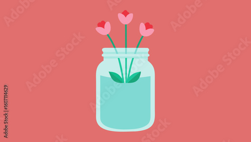 Teal Mason Jar Pink Flowers Red Centers Simple Flat Design