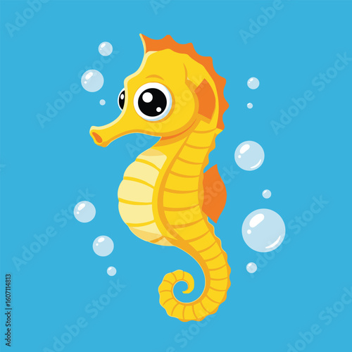Cartoon illustration of a bright yellow seahorse swimming in blue water surrounded by floating bubbles.