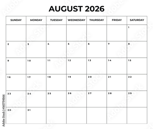 Printable August 2026 Calendar with Daily Boxes Week Starts from Sunday