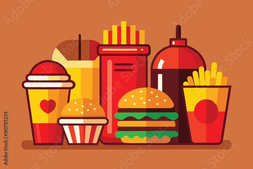 Flat Design Fast Food Items Including Burgers Fries and Drinks