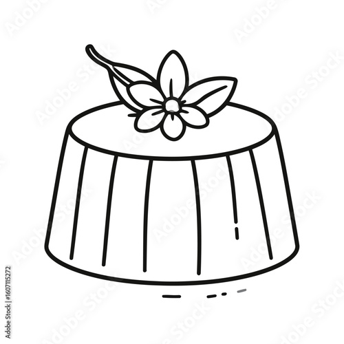 Minimalist line art of a molded panna cotta dessert garnished with a vanilla flower.
