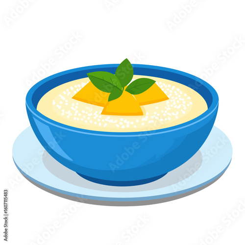 Blue bowl of creamy pudding with mango chunks and fresh mint leaves.