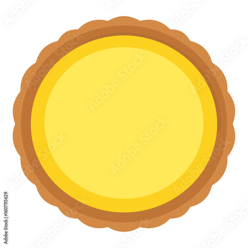 Simple flat illustration of a whole yellow tart with a golden brown scalloped crust, seen from above.