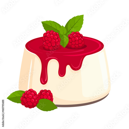 Creamy panna cotta dessert with dripping raspberry sauce, fresh berries, and a mint sprig garnish.