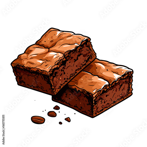 Two delicious chocolate coffee brownies with a shiny, crinkly top, illustrated in a bold vector style.