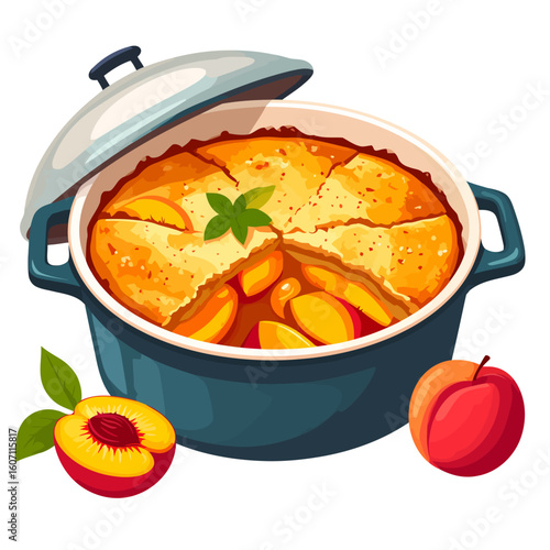 Golden-crusted peach cobbler dessert in a blue Dutch oven with a mint garnish.