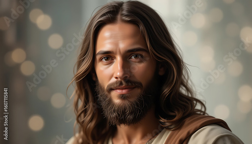 jesus, Gentle Man with Long Hair and Beard in Warm Lighting with Soft Background