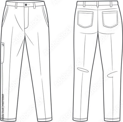 Men’s slim fit formal pants CAD drawing, technical fashion sketch, vector template for trousers design, clothing flat illustration