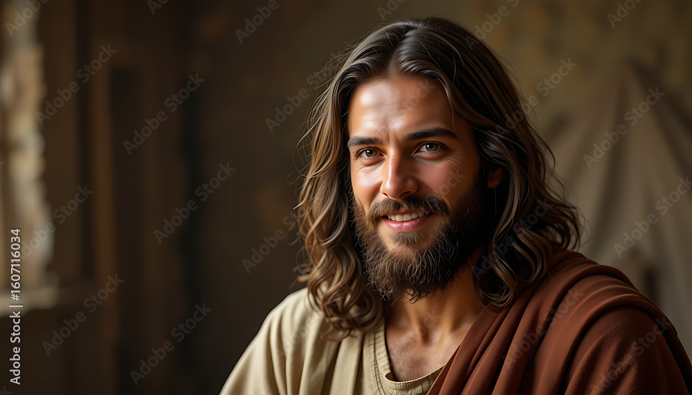 Fototapeta premium Gentle Man with Long Hair and Beard Smiling Warmly Wearing Casual Clothing in Rustic Interior
