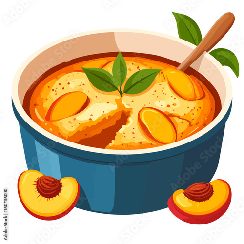 Illustrated peach cobbler dessert in a blue dish, garnished with fresh mint and served with a wooden spoon.