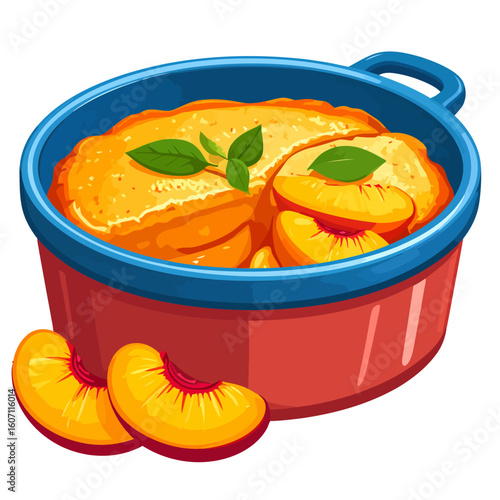 Vibrant illustration of a homemade peach cobbler in a red dish with fresh peach slices.