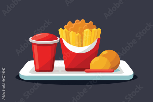 Cartoon Illustration of Fast Food Meal with Chicken Nuggets and French Fries