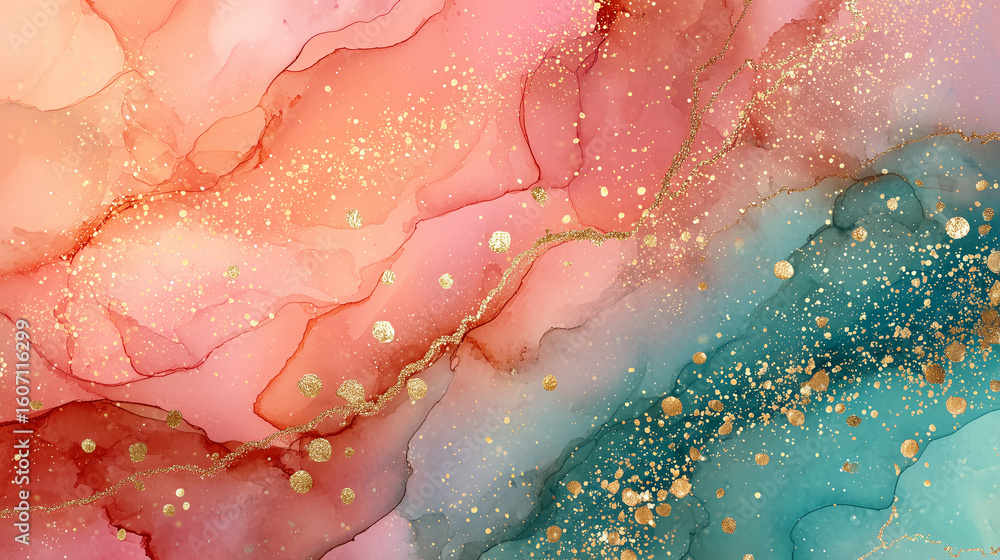 Fototapeta premium Abstract Pink and Teal Alcohol Ink with Gold Glitter Swirls