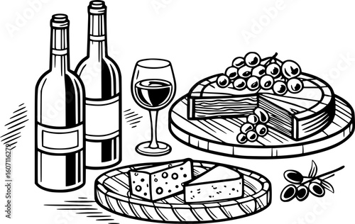 Hand-Drawn Charcuterie and Wine – Chalk Style Antipasto, Cheese Plate, and Italian La Dolce Vita Vector Illustration