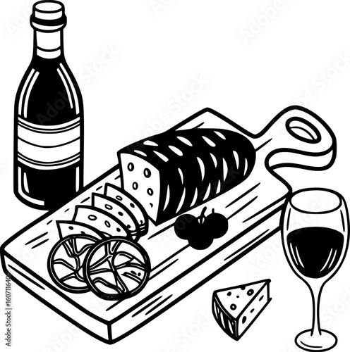 Hand-Drawn Charcuterie and Wine – Chalk Style Antipasto, Cheese Plate, and Italian La Dolce Vita Vector Illustration