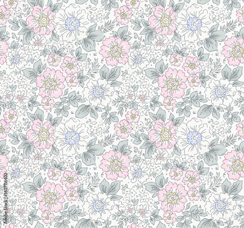 Vector seamless pattern. Liberty pattern in small flowers. Small pastel colorful flowers. White background. Ditsy floral background. Delicate vintage template for fashion prints. Stock vector pattern
