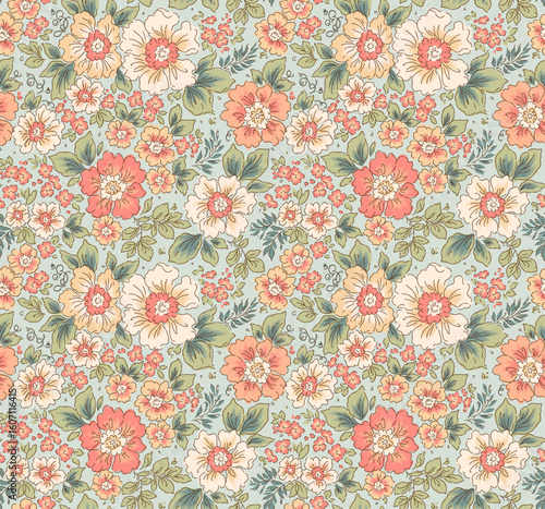 Vintage seamless floral pattern. Liberty style background of small pastel orange flowers. Small blooming daisy flowers scattered over a grey blue background. Stock vector for printing on surfaces.