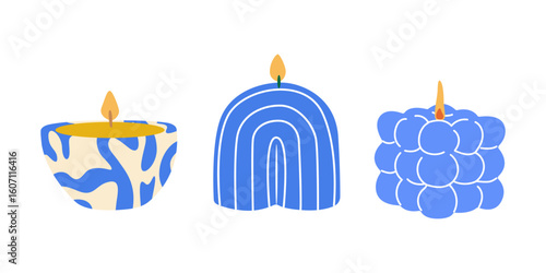 Decorative aromatic retro candles of various shapes for cozy interior. Vintage wax candles in cartoon groovy style. Relaxation and aromatherapy design elements. Hygge decor element