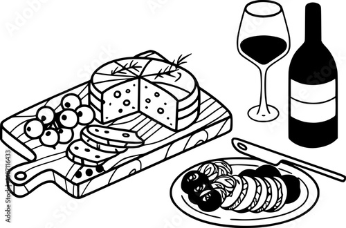 Hand-Drawn Charcuterie and Wine – Chalk Style Antipasto, Cheese Plate, and Italian La Dolce Vita Vector Illustration