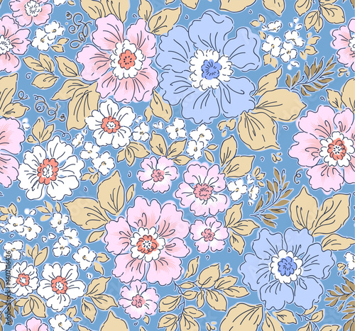 Vintage seamless floral pattern. Liberty style background of small pastel colorful flowers. Small flowers scattered over a blue background. Stock vector for printing on surfaces. Realistic flowers.
