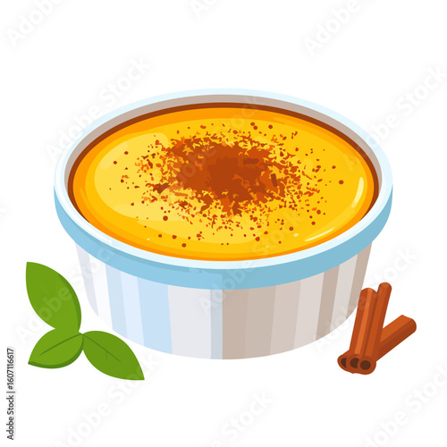 Yellow custard pudding with cinnamon topping in a white ramekin, garnished with mint and cinnamon sticks.
