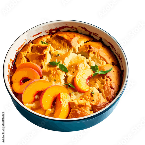 A freshly baked peach cobbler with a golden crust, garnished with sliced peaches and herbs in a blue enamel dish.