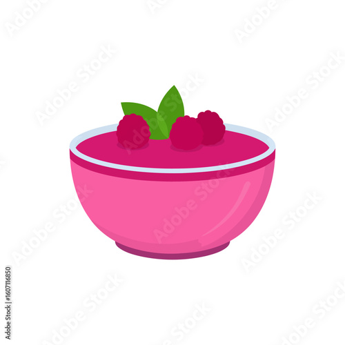 A vibrant pink bowl of raspberry puree, garnished with fresh berries and mint leaves.