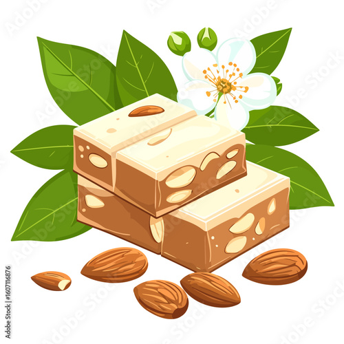 Two stacked bars of sweet almond nougat, garnished with whole almonds, green leaves, and a white blossom.