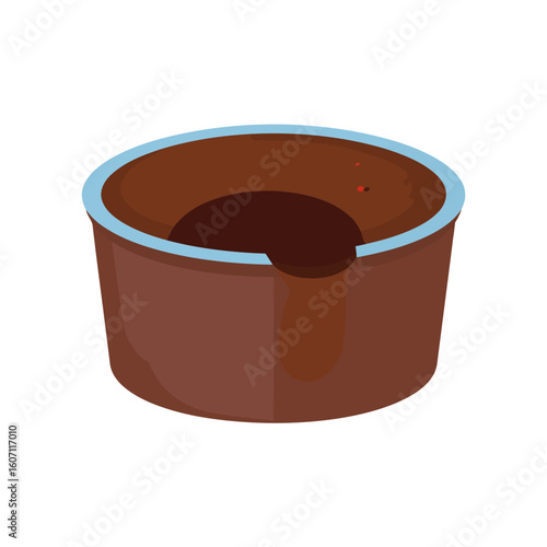 Rich chocolate lava cake with a gooey molten center spilling from a brown ramekin with a light blue rim.
