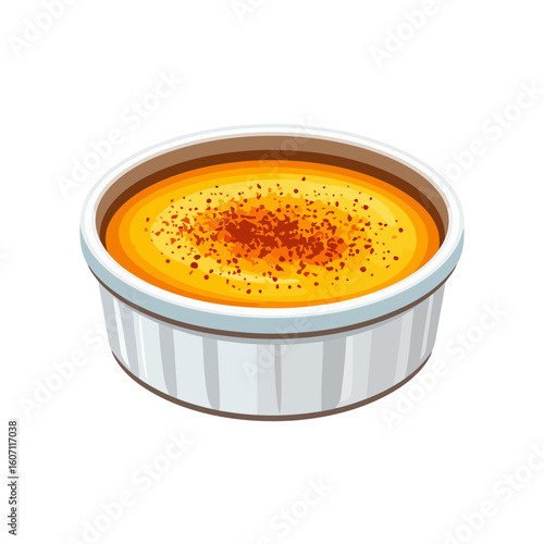 Classic French cr?me br?l?e dessert with a golden caramelized sugar crust in a white ceramic ramekin.