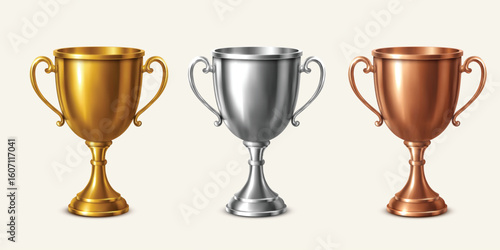 Gold silver and bronze trophy cups for award and competition