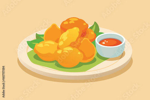 Crispy fried chicken nuggets with sweet chili sauce illustration on plate