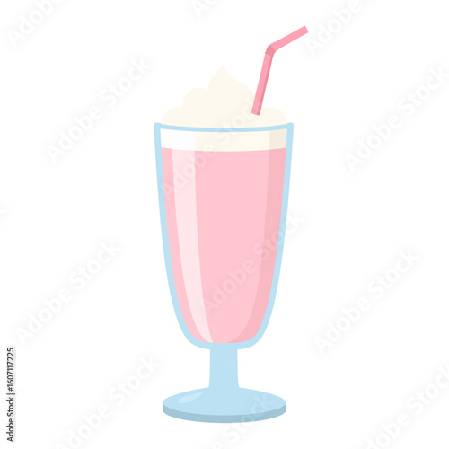 A classic pink milkshake in a tall glass, topped with whipped cream and a pink straw.