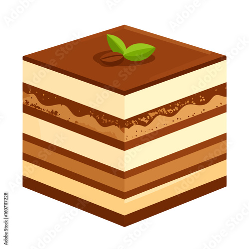 A square slice of layered tiramisu cake with cocoa powder and a fresh mint garnish.