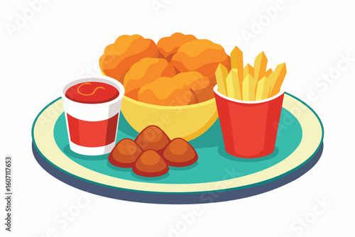 Cartoon Illustration of Chicken Nuggets Fries Meatballs and Ketchup on Plate
