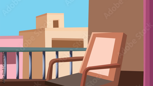 2d House terrace with town view. Balcony sit background
