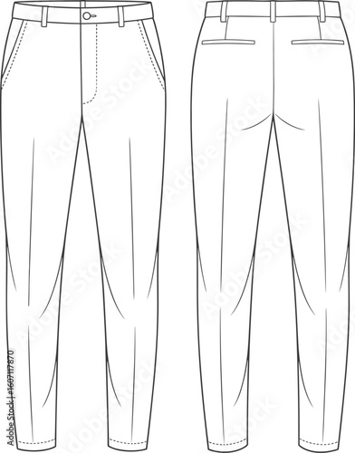 Men’s classic tailored trousers flat sketch, CAD vector fashion illustration for garment design, clothing template, technical pants drawing