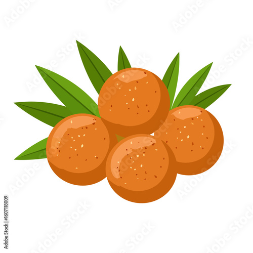 A pile of glossy orange Laddu sweet balls, a traditional Indian dessert garnished with nuts and fresh green leaves.
