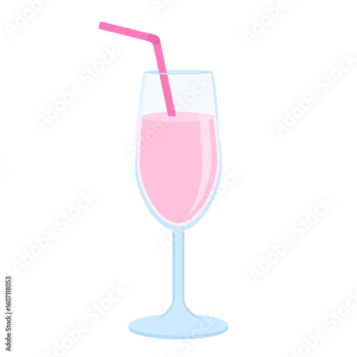 A tall, elegant glass filled with a creamy pink drink and a matching bent pink straw.