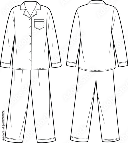 Unisex pajama set with long sleeve shirt and pants, front and back view, fashion technical flat sketch vector illustration