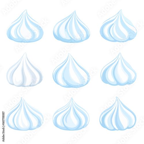 A collection of nine identical swirled white and light blue meringue kisses illustration.