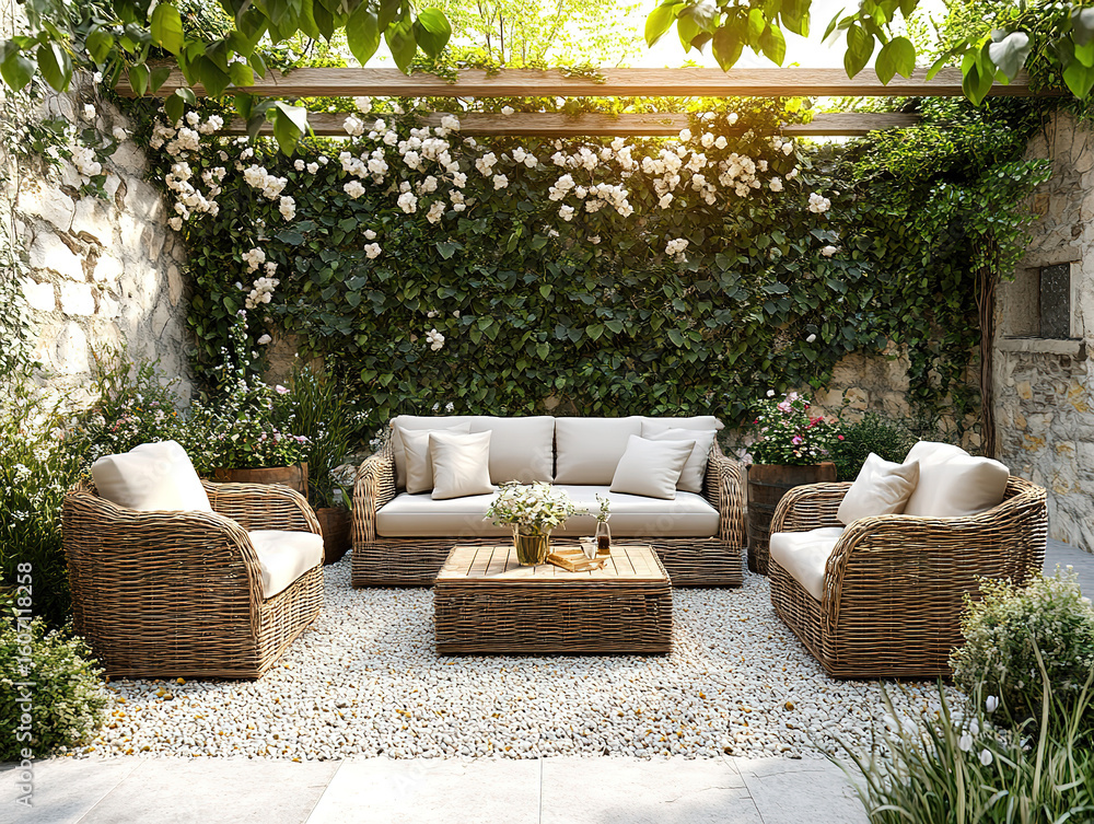 Fototapeta premium Home backyard patio decorated with peaceful furniture