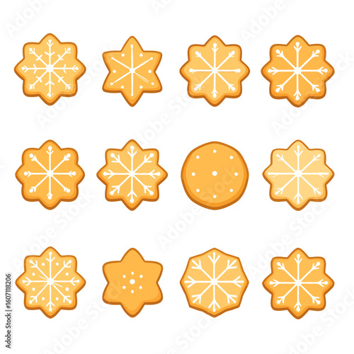 A festive collection of gingerbread cookies in star and snowflake shapes, decorated with white icing patterns.