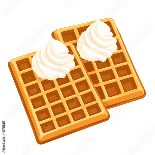 Two golden-brown Belgian waffles topped with swirls of creamy white whipped cream.