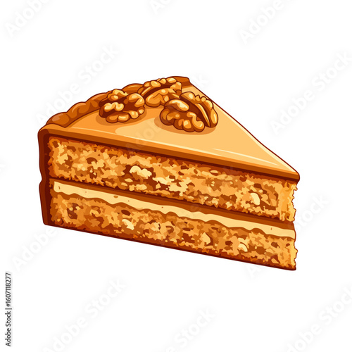 Illustrated slice of a two-layer walnut cake with a smooth caramel glaze, topped with whole walnuts.