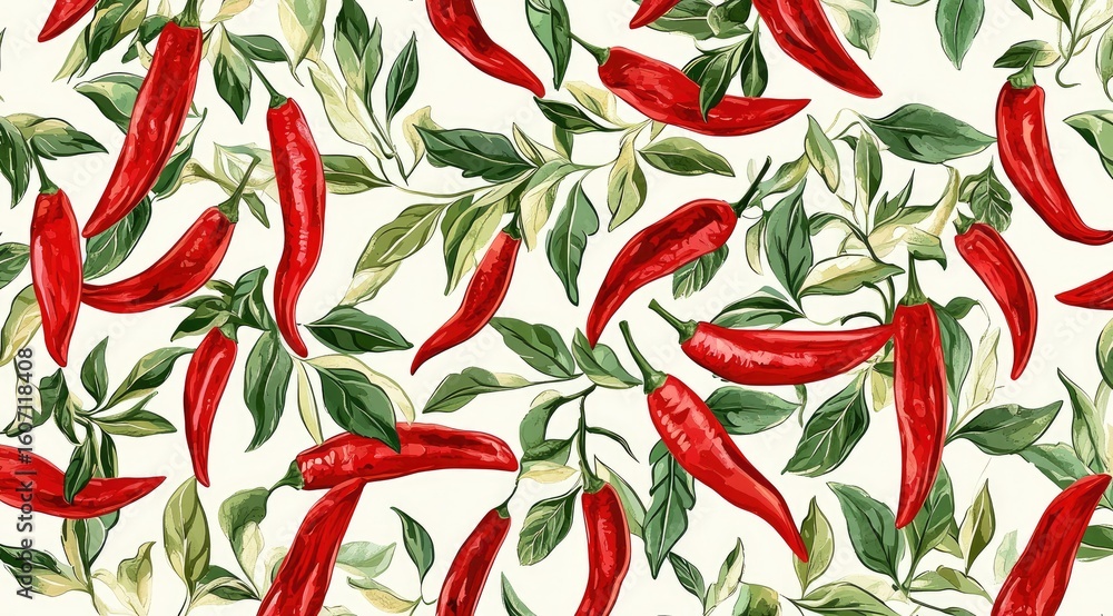 Red chili peppers and leaves seamless pattern